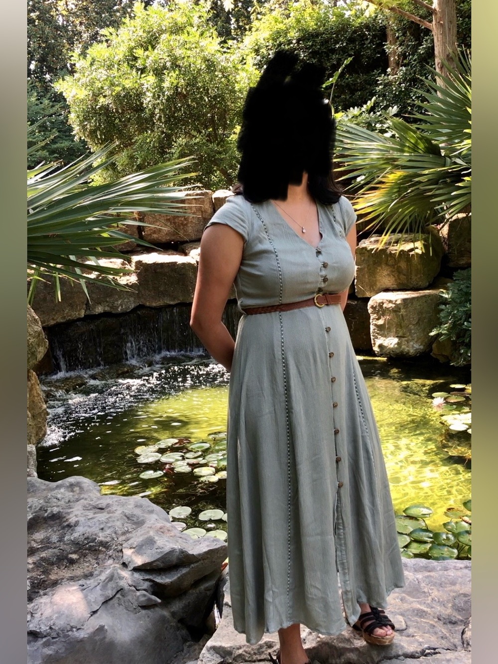 Sage green button through midi dress